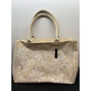 Oscar De La Renta Beige Canvas Floral Tote Bag